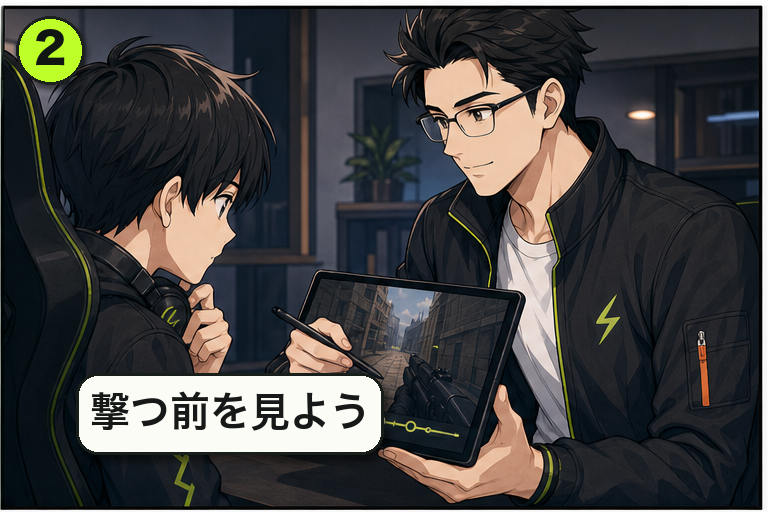 録画レビューから試合中の気づきまでを描いた漫画 2コマ目