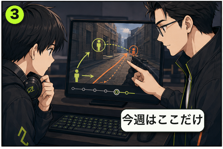 録画レビューから試合中の気づきまでを描いた漫画 3コマ目
